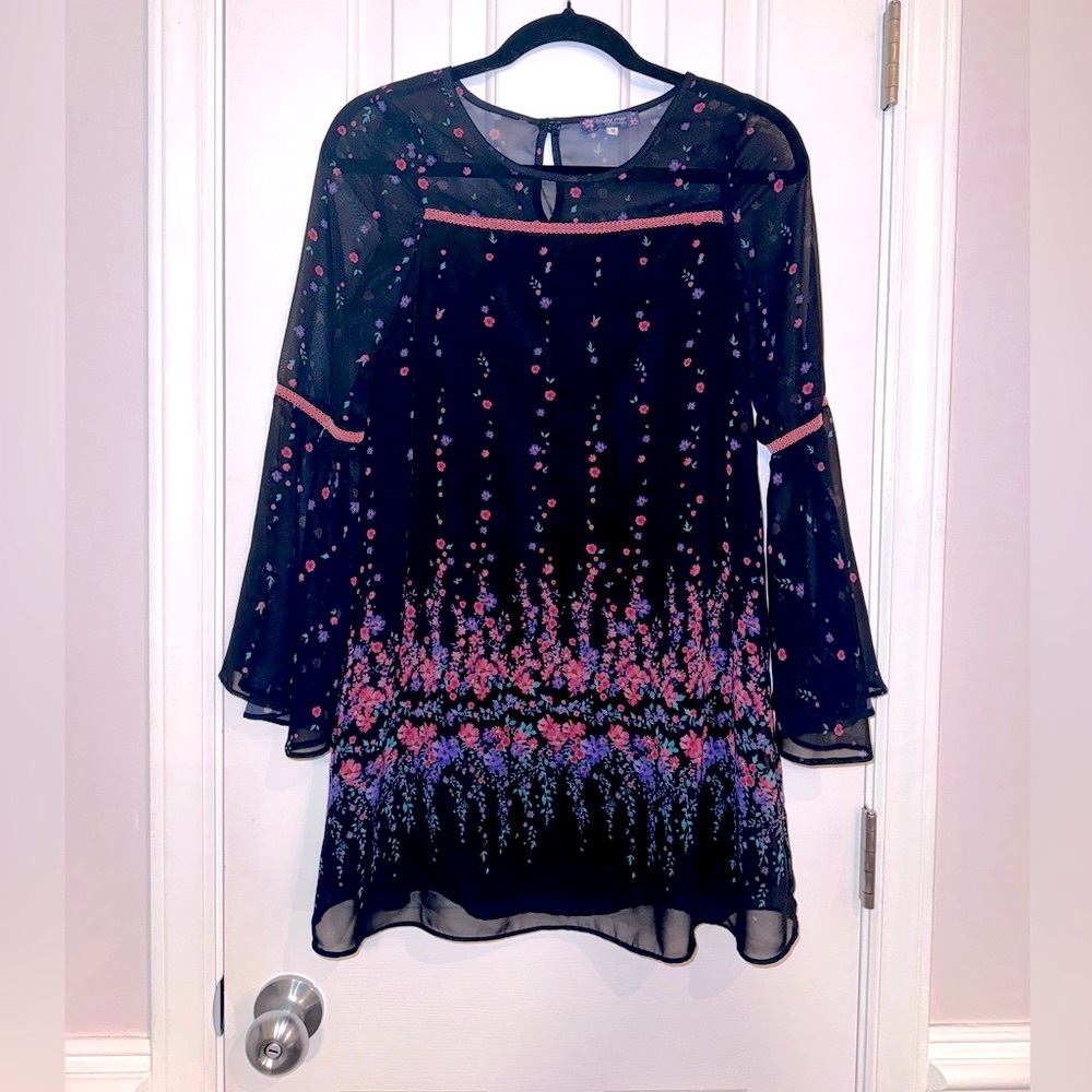 Truly Me by Sara Sara Girls Black floral BoHo dress with sheer bell sleeves, 12